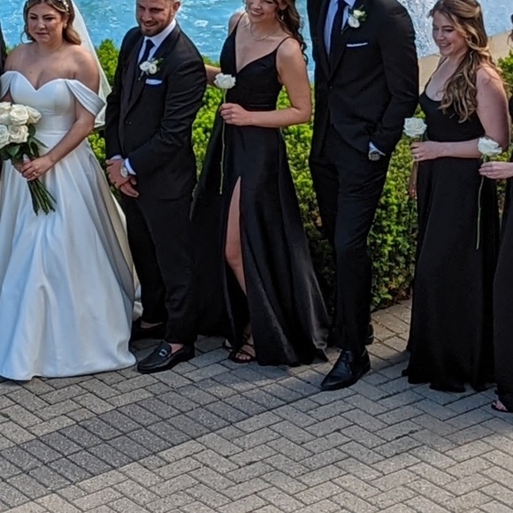 Black Mori Lee Satin formal dress. Deep V neckline, strappy open back, leg slit - Picture 3 of 4